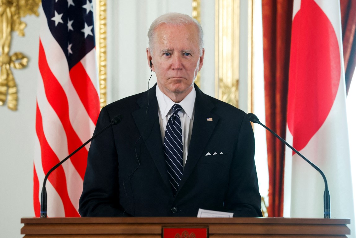 US President Joe Biden attends a news conference with Japan's Prime Minister Fumio Kishida after...