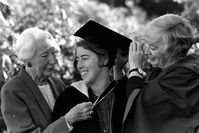 Lison Harris graduates in law in 1998, flanked by her grandmother, Margot Ross, and Prof Harris....