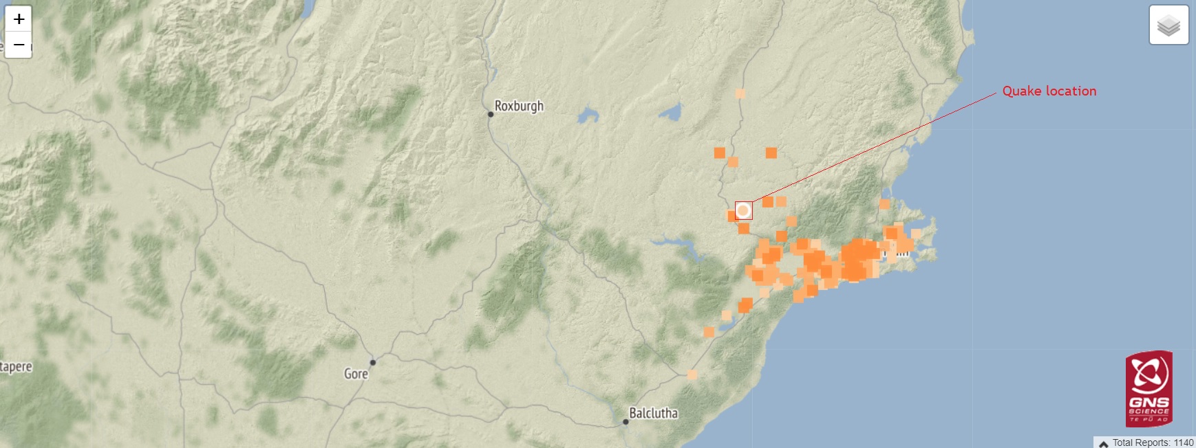 Orange squares mark where people reported shaking. Image: GeoNet Orange squares mark where people reported shaking. Image: GeoNet