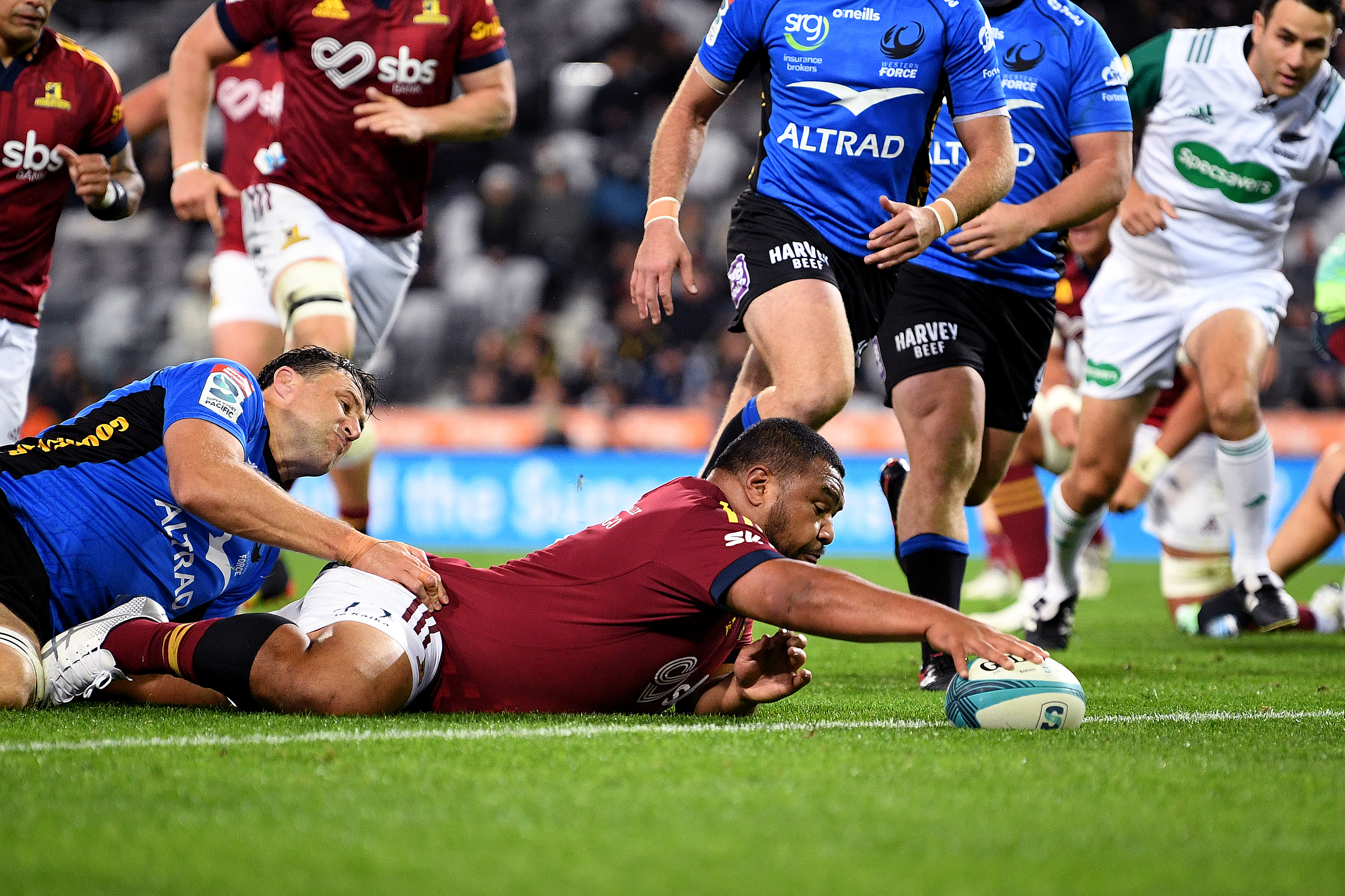 Andrew Makalio scored two tries for the Highlanders at Forsyth Barr Stadium tonight. Photo: Getty...