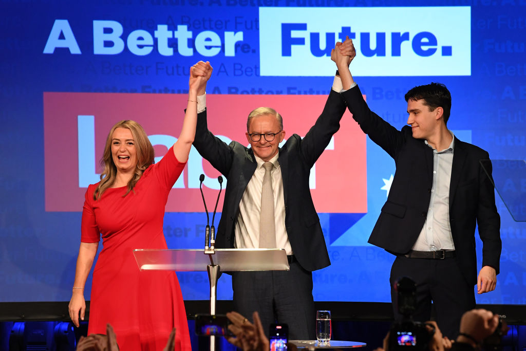 Labor Leader Anthony Albanese, his partner Jodie Haydon and his son Nathan celebrate victory in...