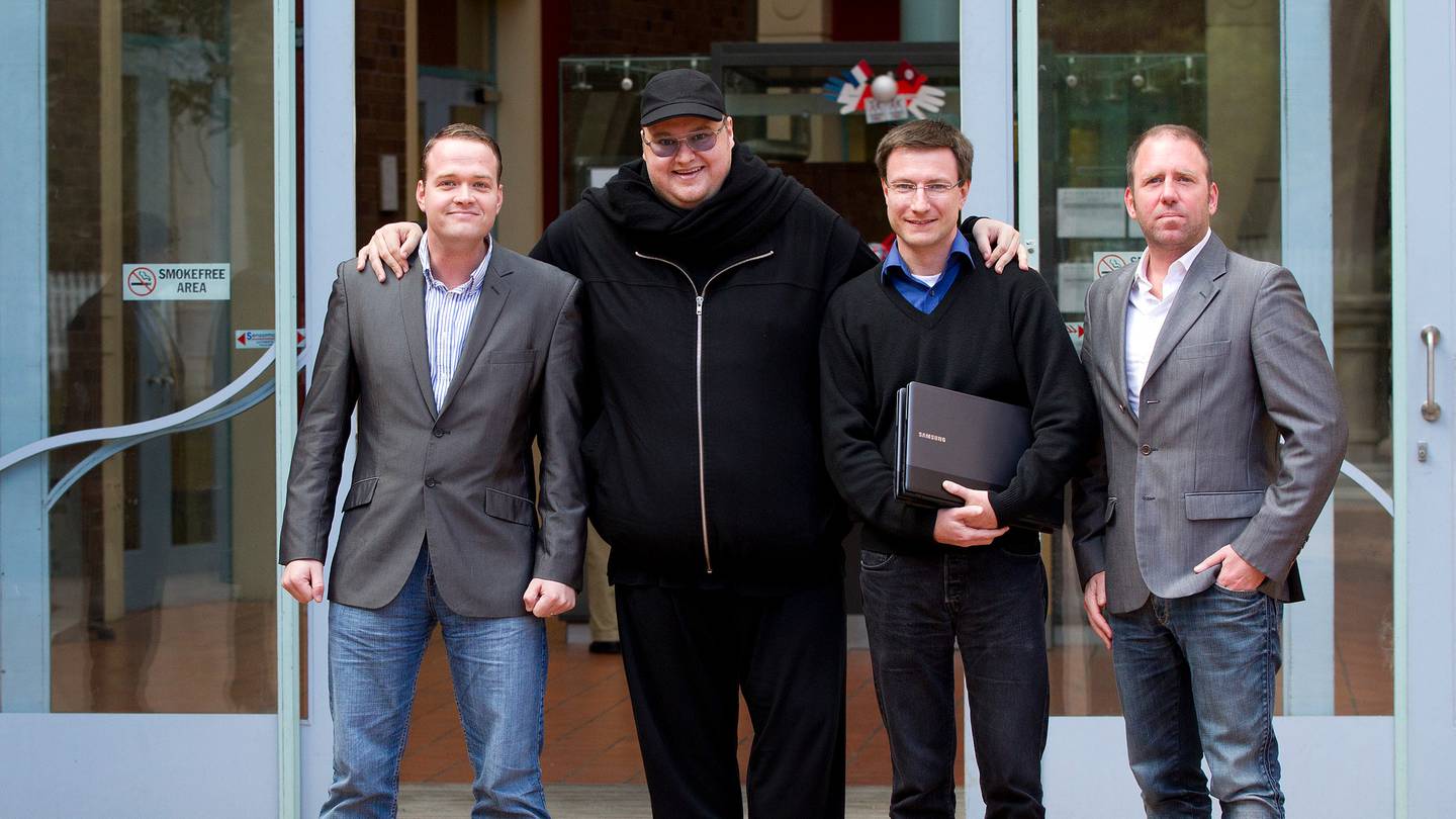 From left: Bram Van der Kolk, Kim Dotcom, Mathias Ortmann and Finn Batato outside the Auckland...