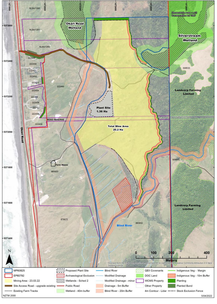 Map of the proposed Westland Mineral Sands mine site at Okari, Cape Foulwind. Image: West Coast...