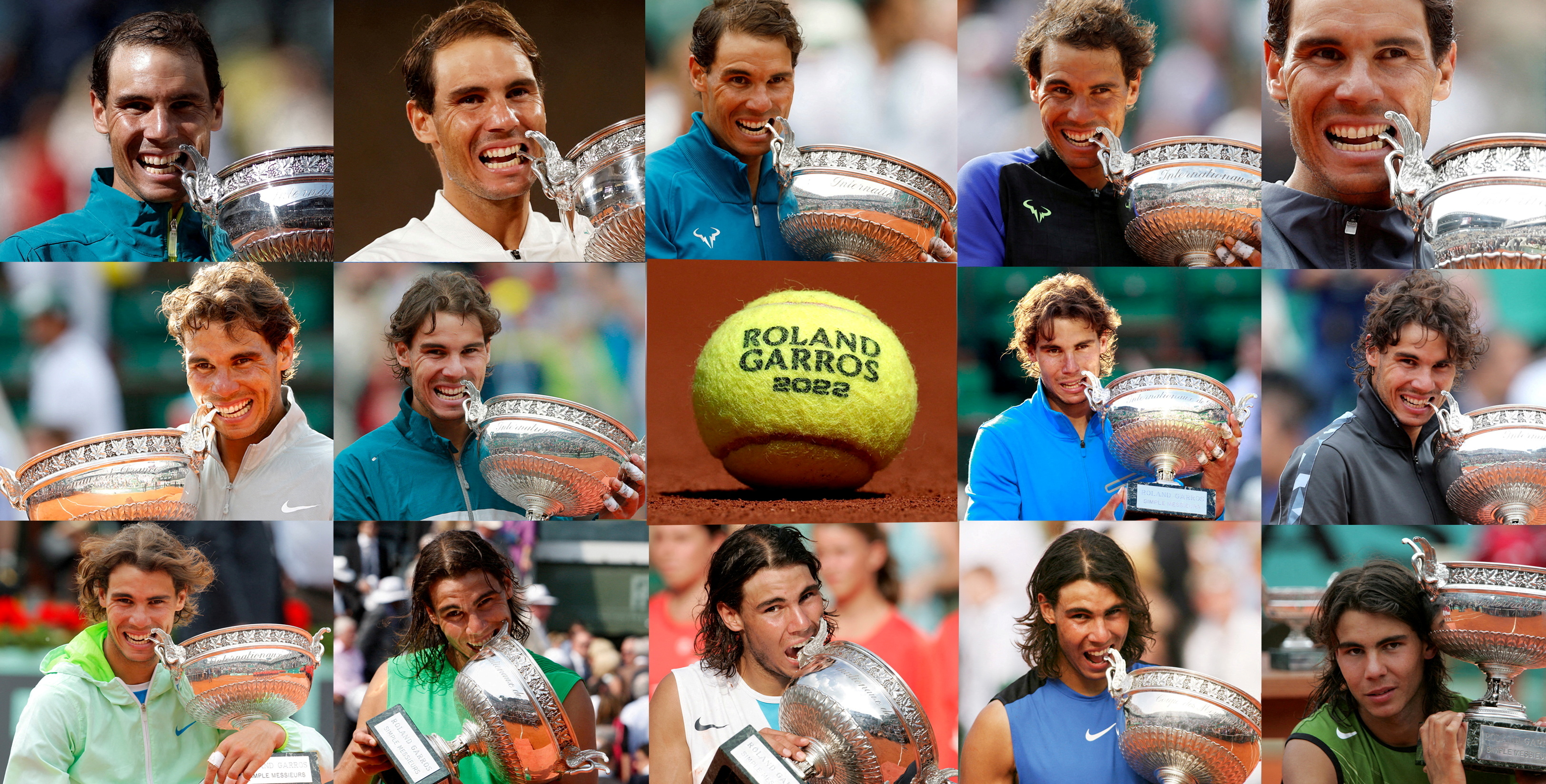 Rafael Nadal biting the trophy to celebrate each of his 14 French Open Tennis Championships at...