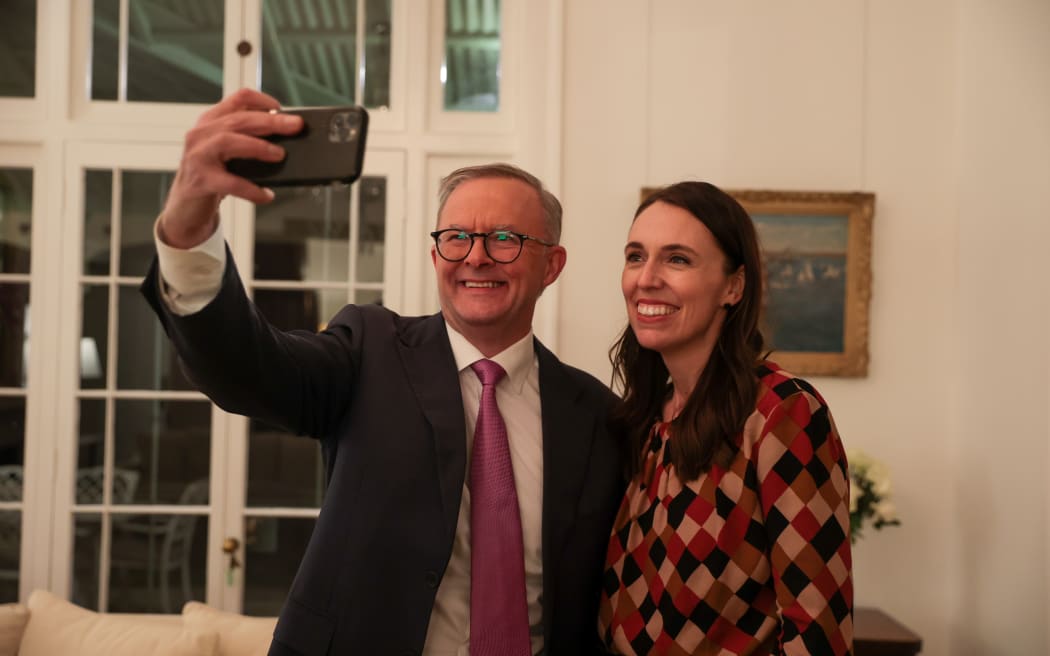 Australian Prime Minister Anthony Albanese takes a selfie with New Zealand Prime Minister Jacinda...