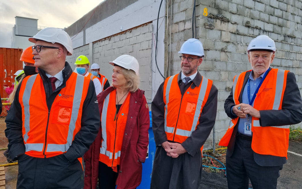 Health Minister Andrew Little (second right) at the construction site of Dunedin's new hospital. Photo: RNZ