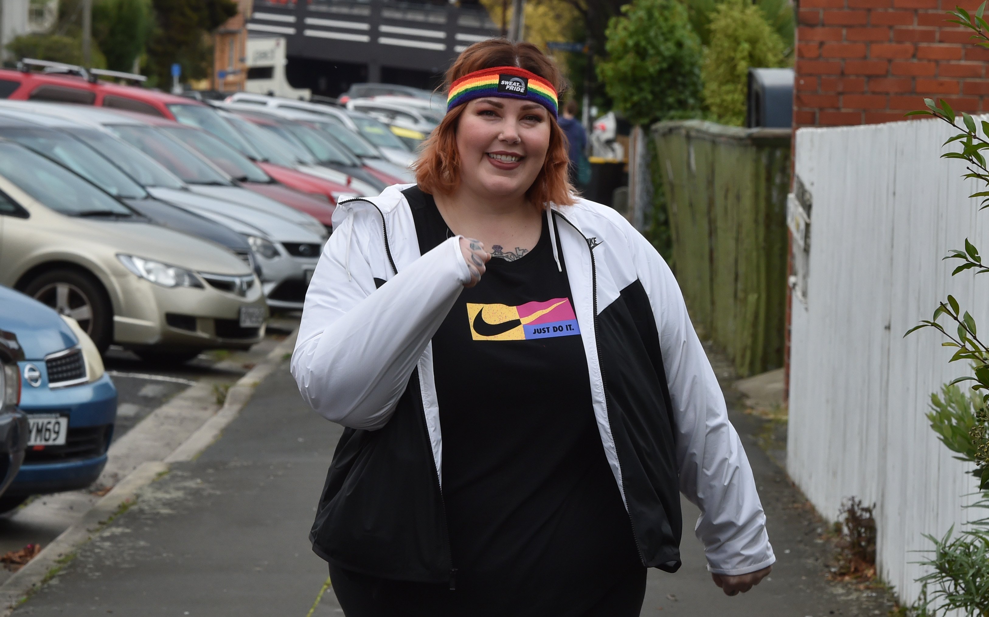 Dunedin resident Chelle Fitzgerald takes part in Sweat with Pride, a daily exercise event which...
