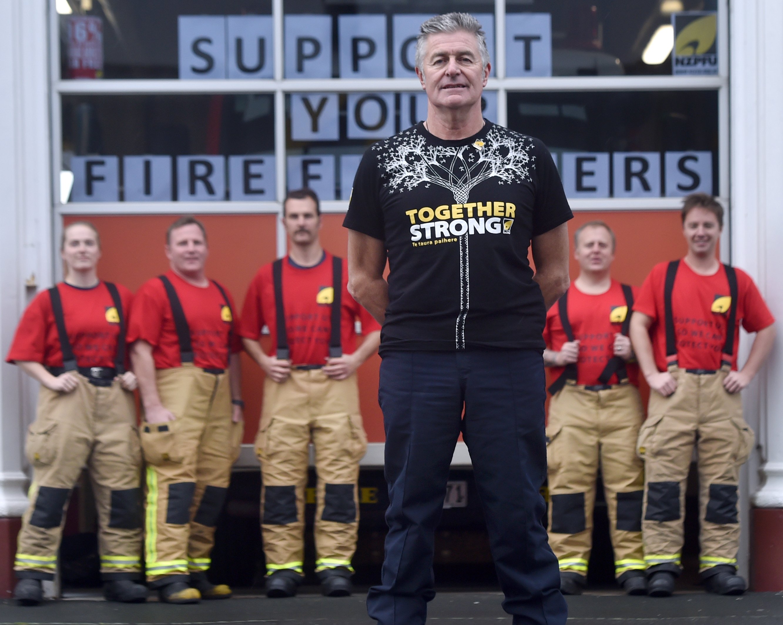 Striking Dunedin firefighters (from left) Izzi Priest-Forsyth, Justin Wafer, Joe Begley, Mark...