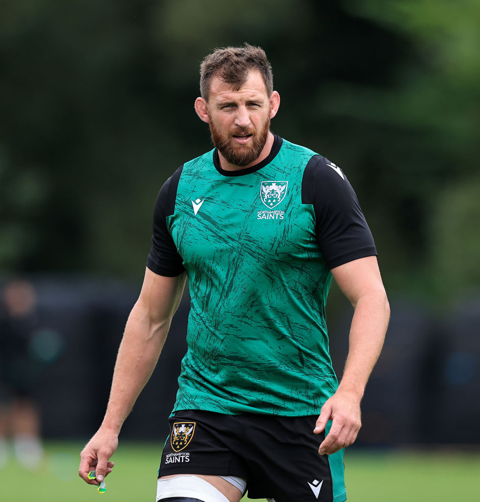 Tom Wood looks on during the Northampton Saints training session held at Franklin's Gardens on...