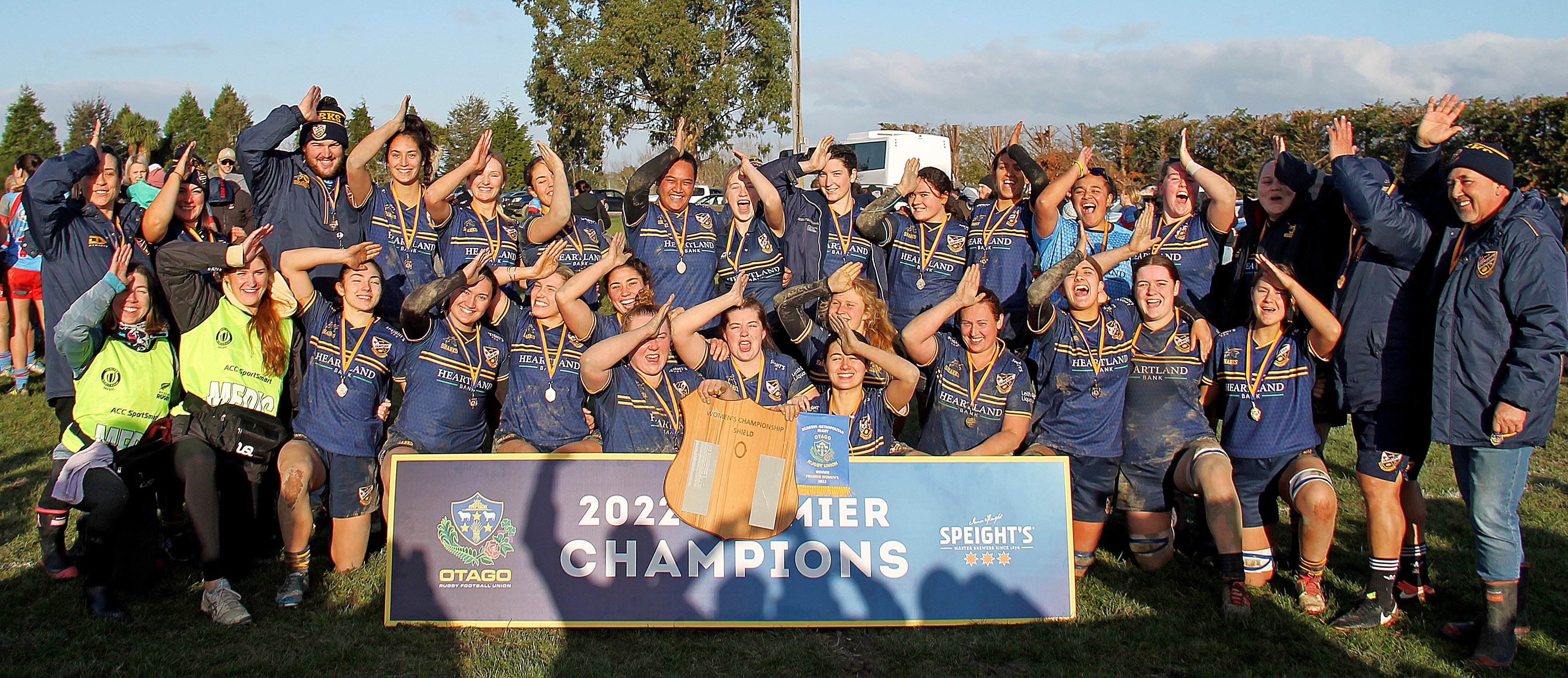 The Dunedin Wahine Sharks celebrate their 22-15 victory in the Otago premier women’s rugby final...