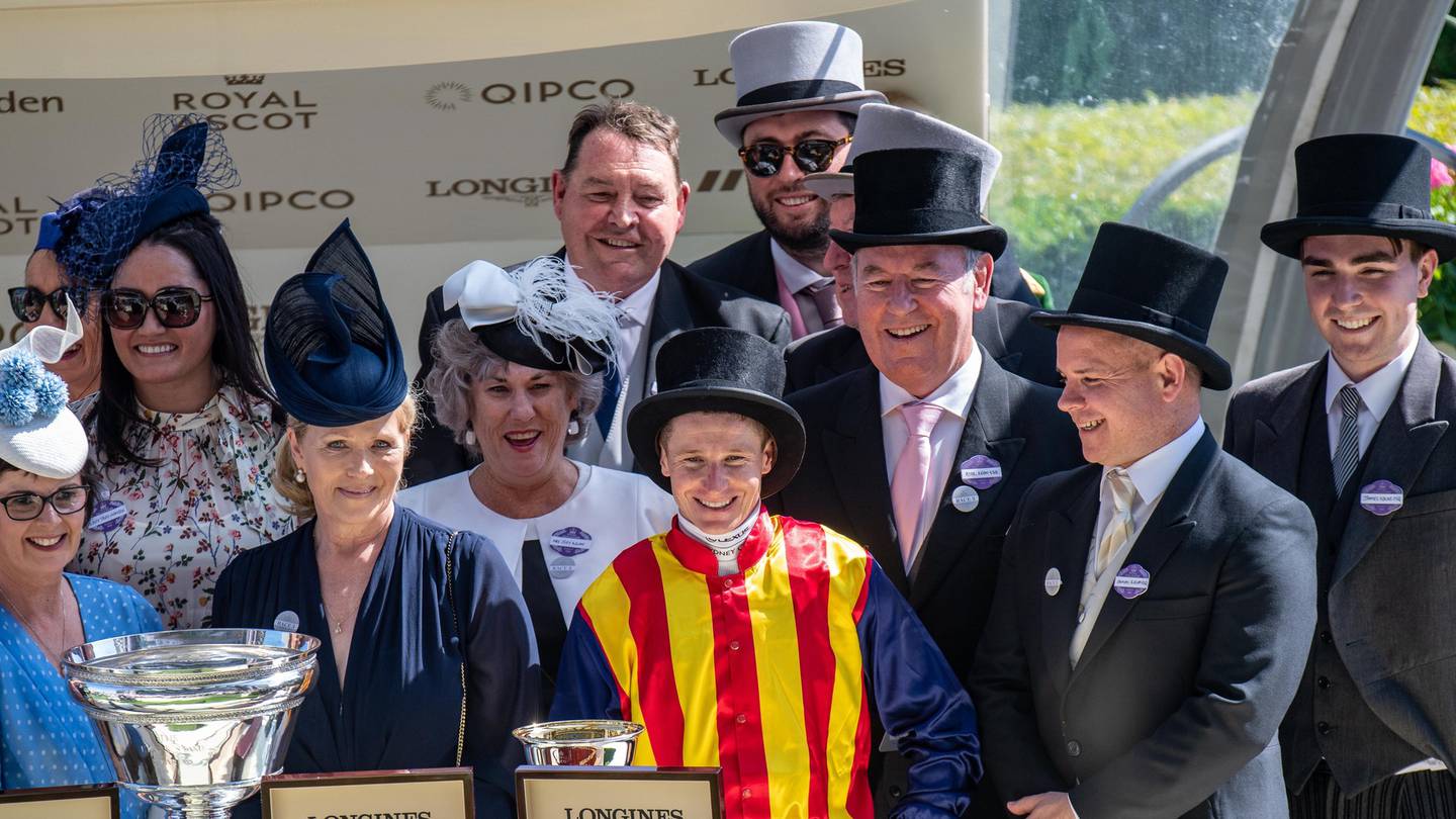 James McDonald celebrates after winning the King's Stand Stakes race during Royal Ascot, with...