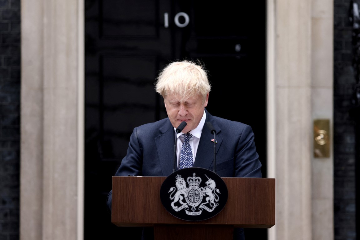 Boris Johnson announces his intention to resign at Downing Street in London. Photo: Reuters