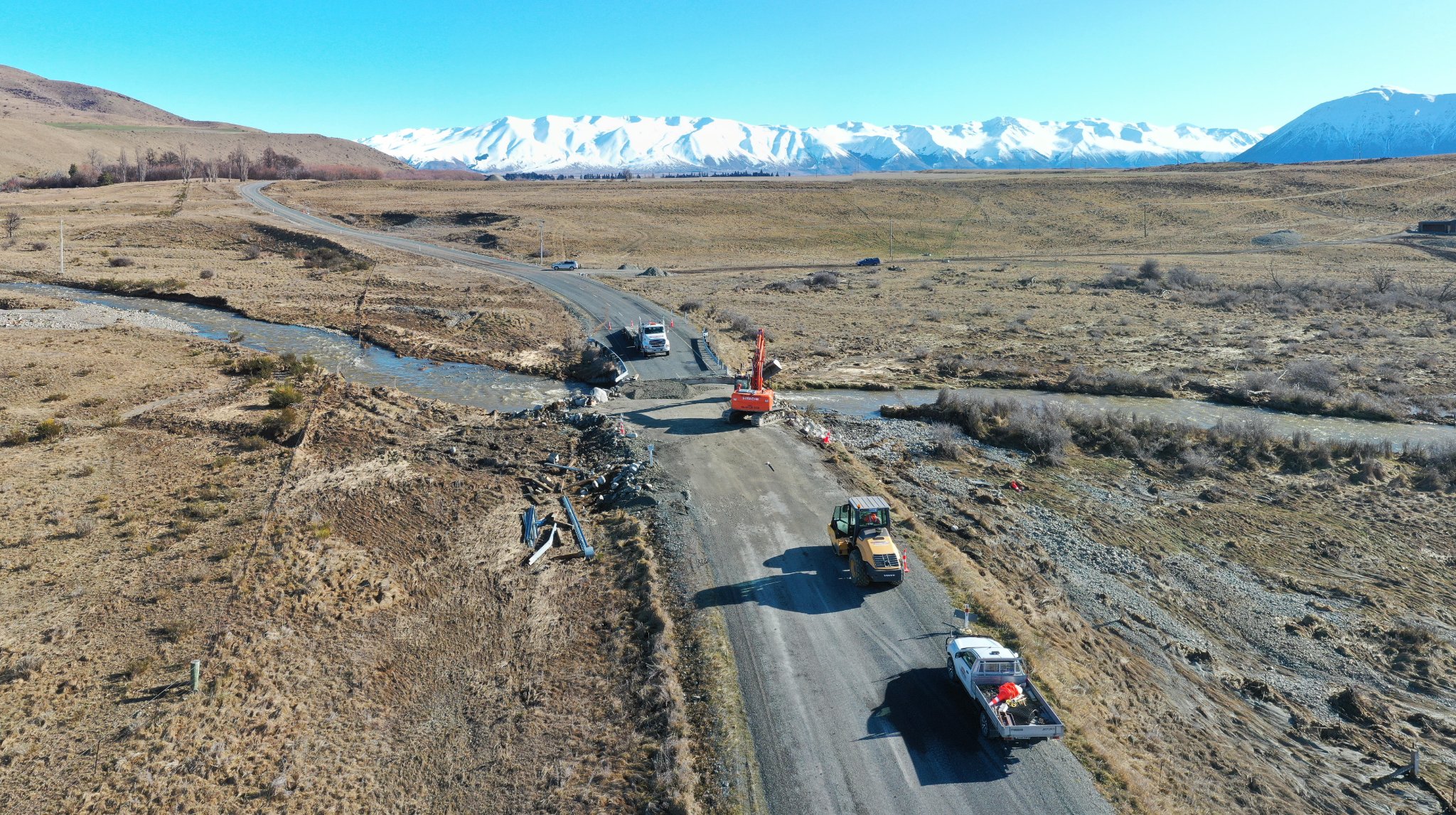 Contractors at work on the Lake Ohau Rd bridge. PHOTO: SUPPLIED/SOUTHROADS