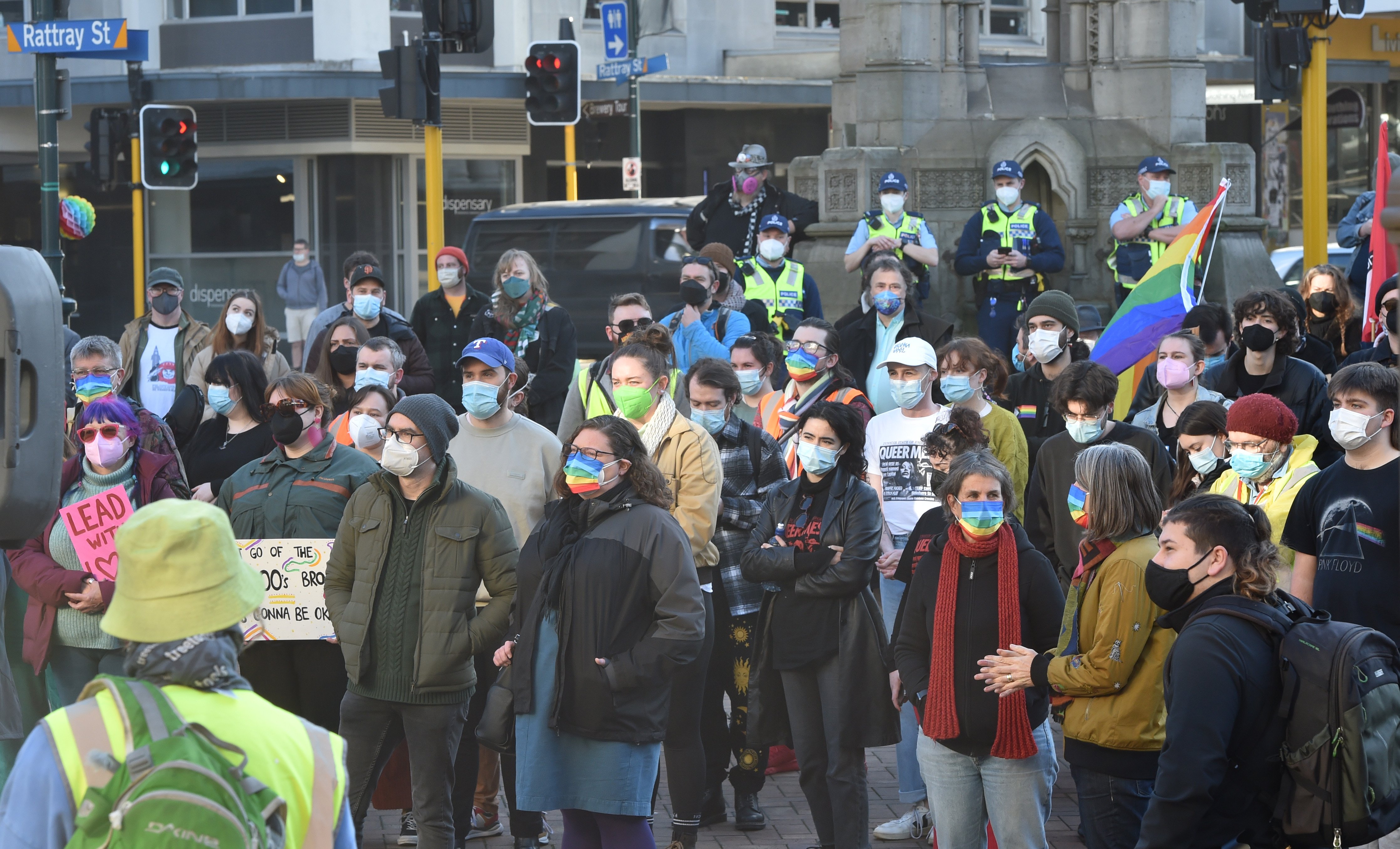 Counter-protesters in the Octagon demonstrate against a march by the Freedom and Rights Coalition...