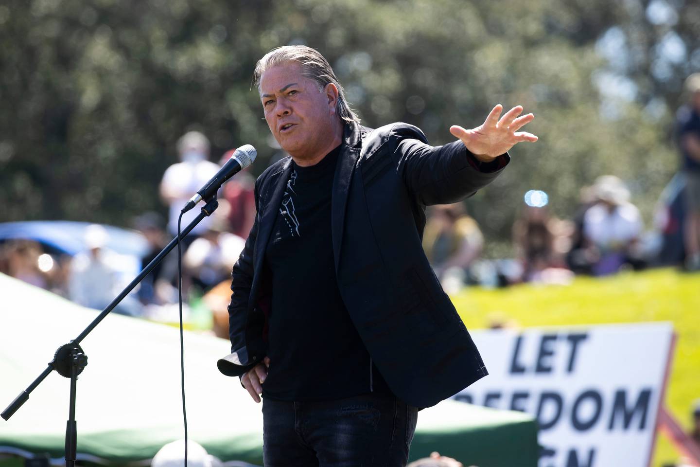 Bishop Brian Tamaki at a lockdown and vaccination protest at Auckland Domain last year. Photo: NZ...