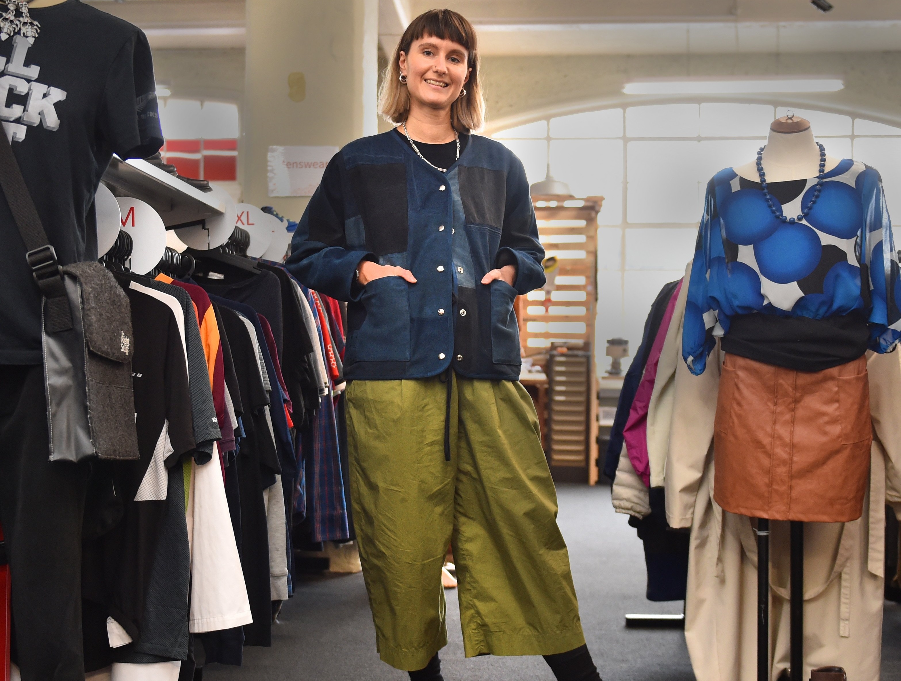 Otago Polytechnic design student Ellen Ross models her upcycling project for an upcoming charity...