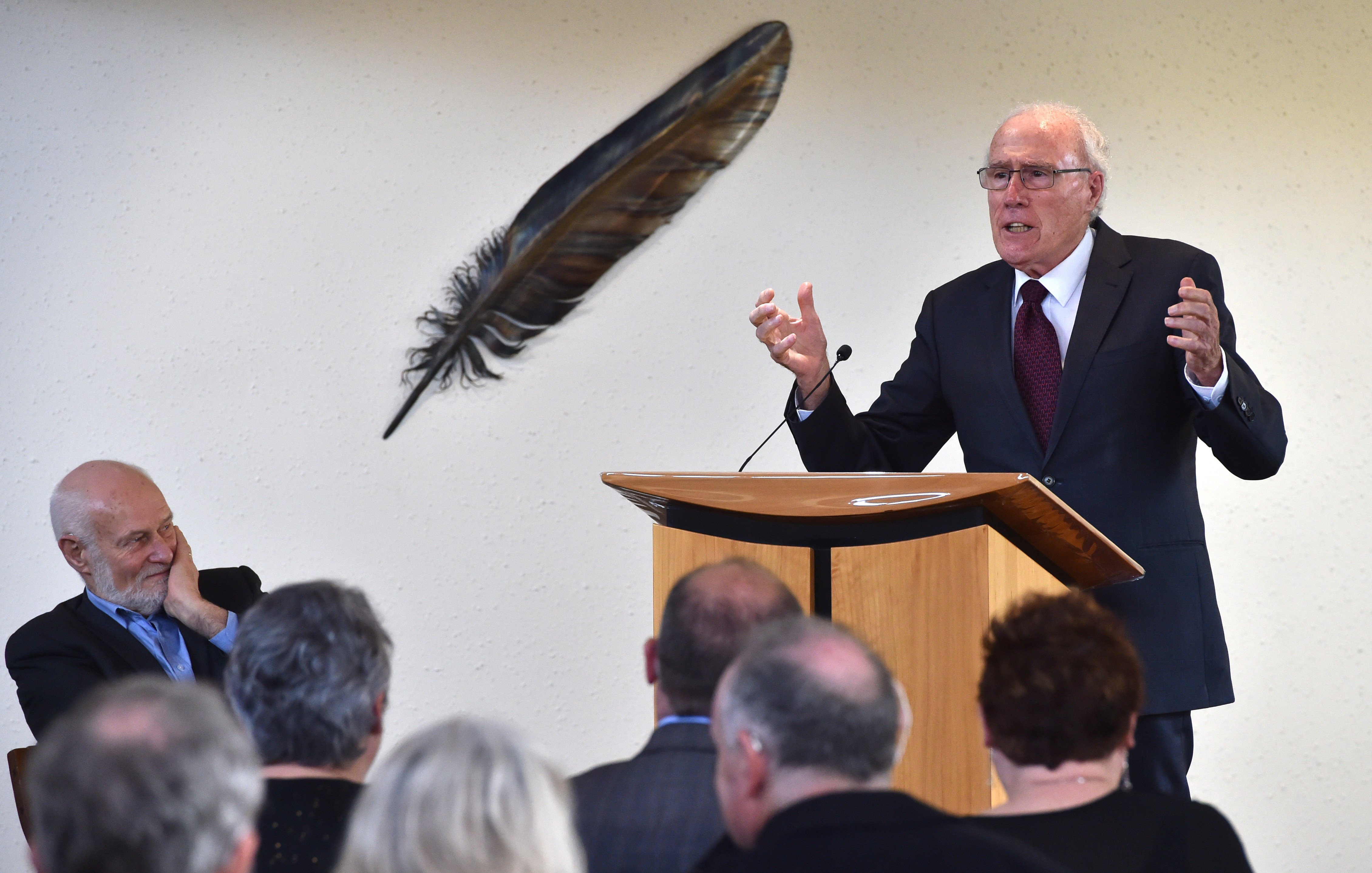 Former prime minister Sir Geoffrey Palmer speaks at the memorial service for the late Dunedin...