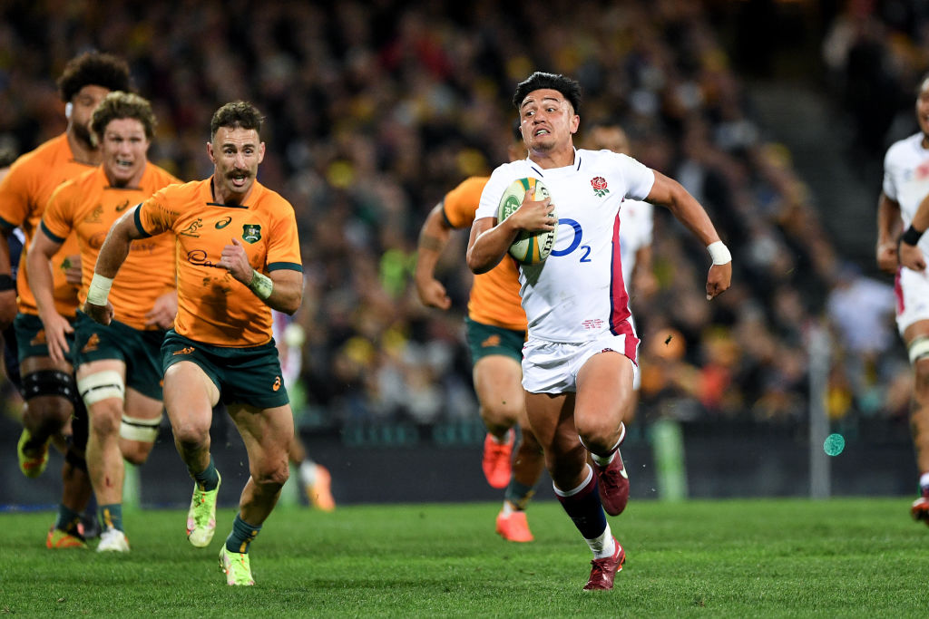 England's Marcus Smith on his way to the tryline against Australia. Photo: Getty Images