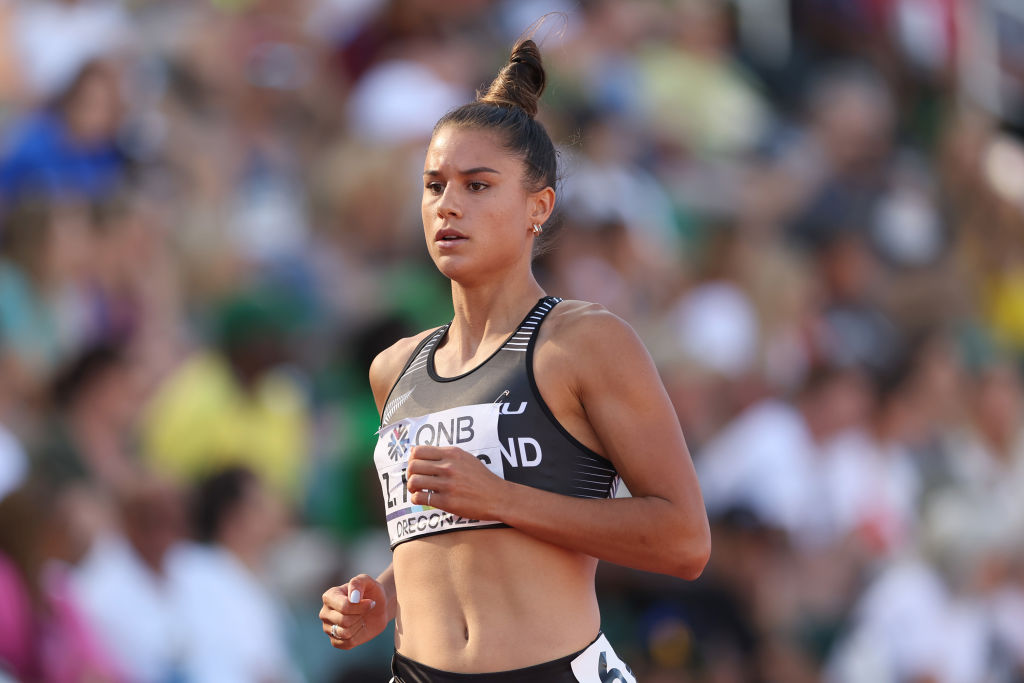 Sprinter Zoe Hobbs finishes her 100m race at the World Athletics Championships in Eugene on...