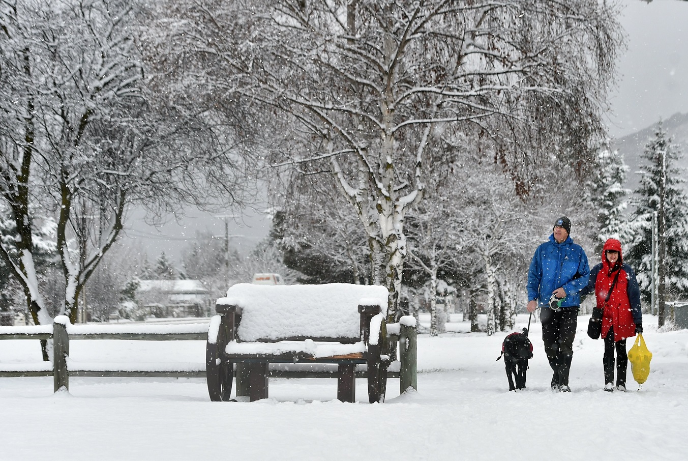 Graeme and Andy Oxley take their dog, Reba, for a walk in the snow in Omarama yesterday. PHOTO:...