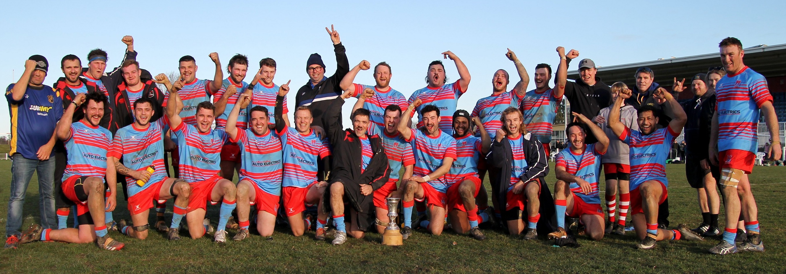 Southern Region players celebrate retaining the Topp Cup in Balclutha on Saturday. PHOTO: NICK BROOK