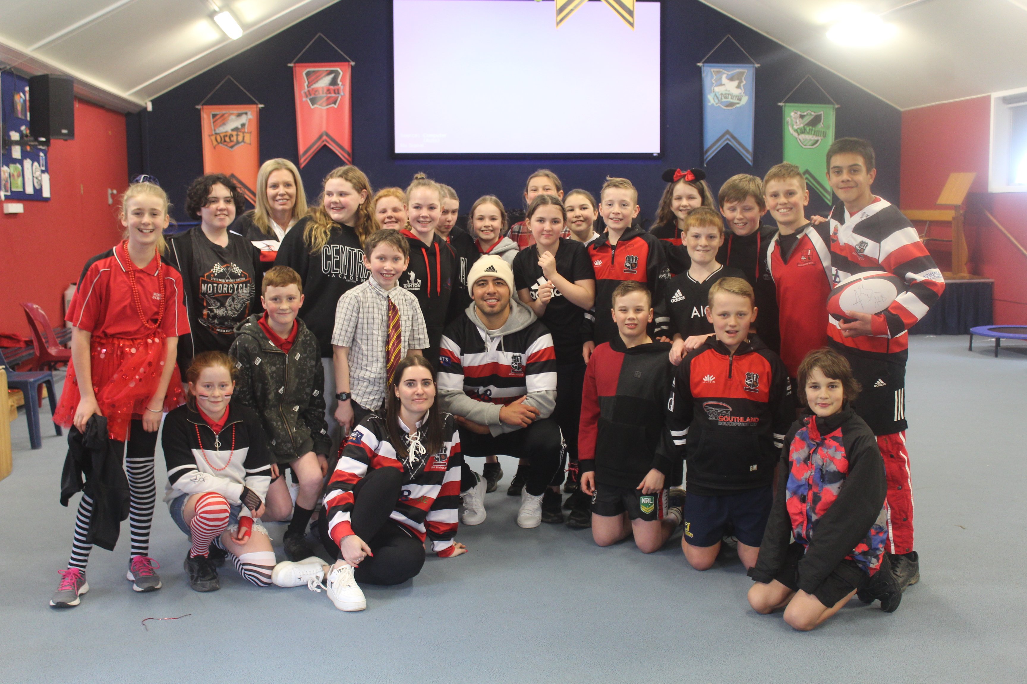 All Black star Anton Lienert-Brown paid a visit to the pupils of room 11 at Winton School...