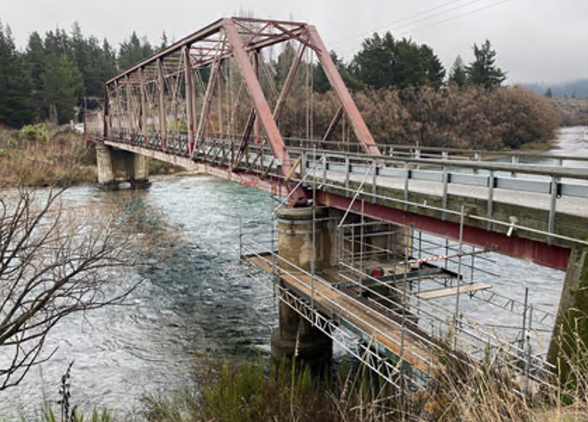 Scaffolding at one bridge abutment is now in place. Photo: Waka Kotahi 