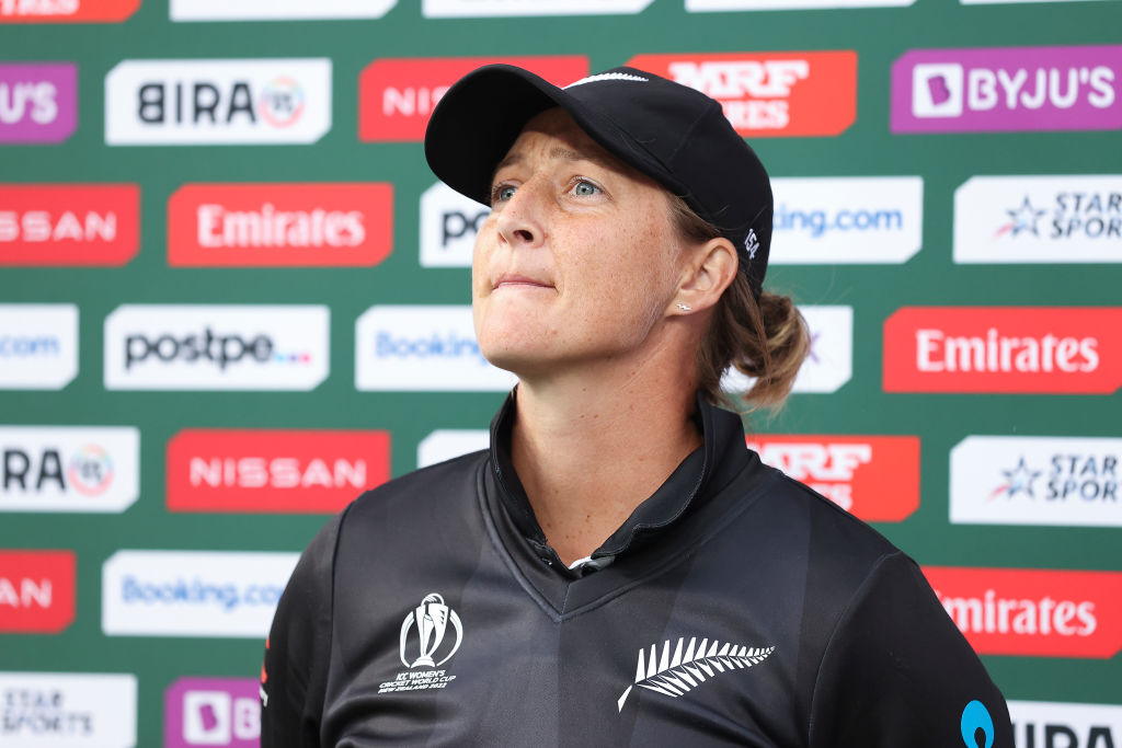 Sophie Devine of New Zealand is interviewed after the 2022 ICC Women's Cricket World Cup match...