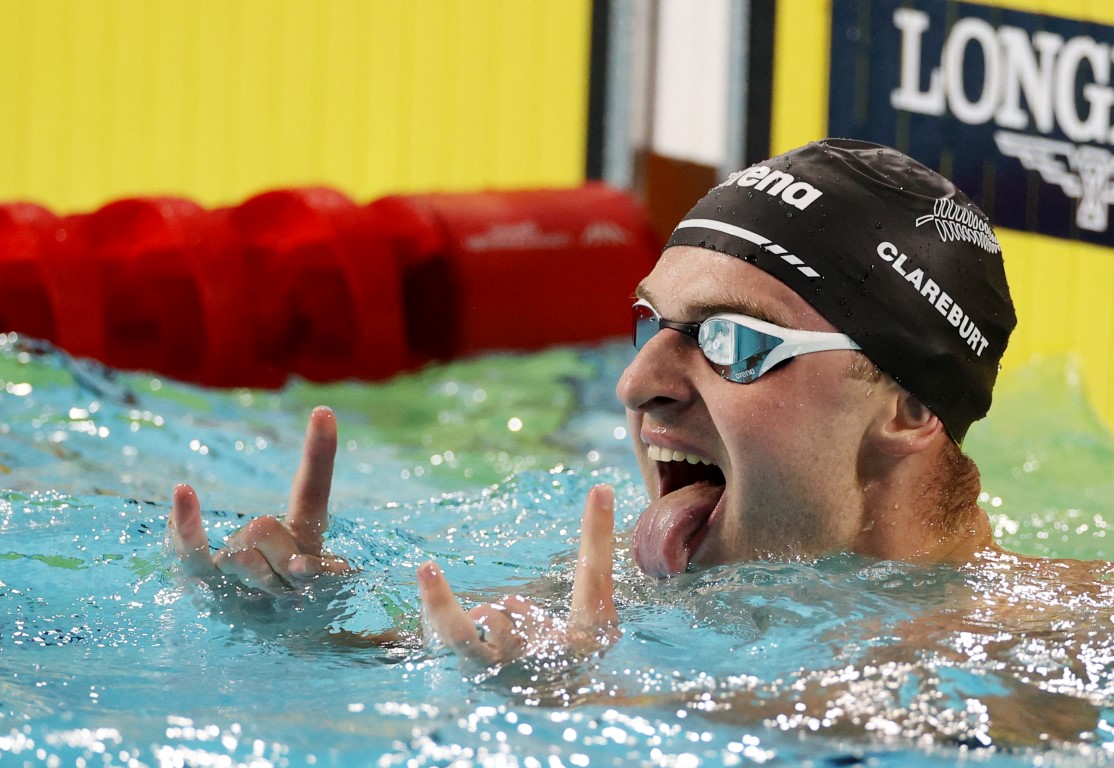 New Zealand's Lewis Clareburt celebrates after winning the 200m butterfly final at the Sandwell...