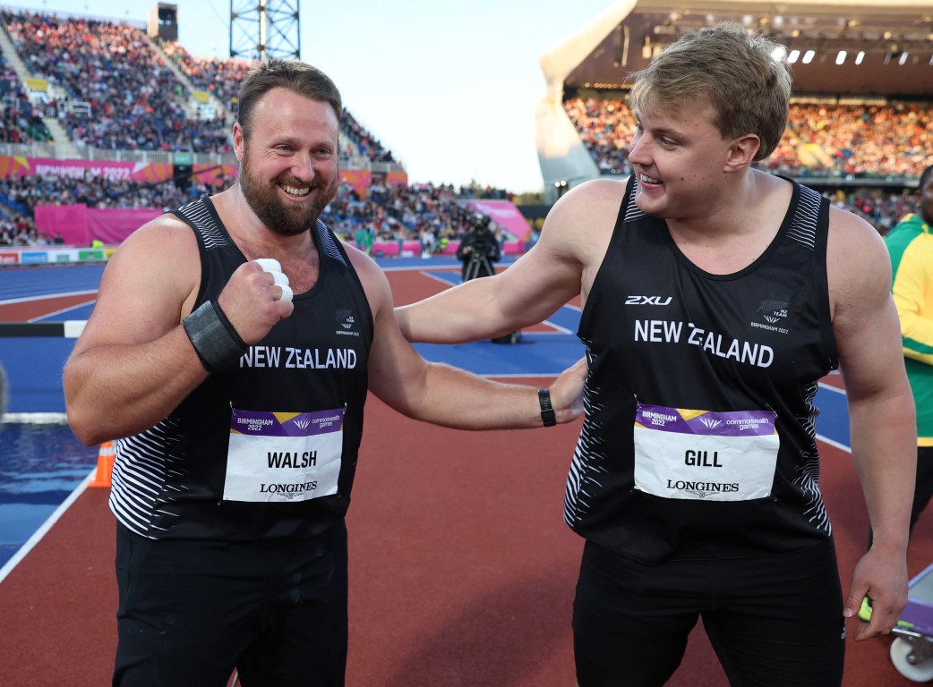 Tom Walsh (L) and Jacko Gill celebrate their one-two finish in the men's shot put final. Photo:...