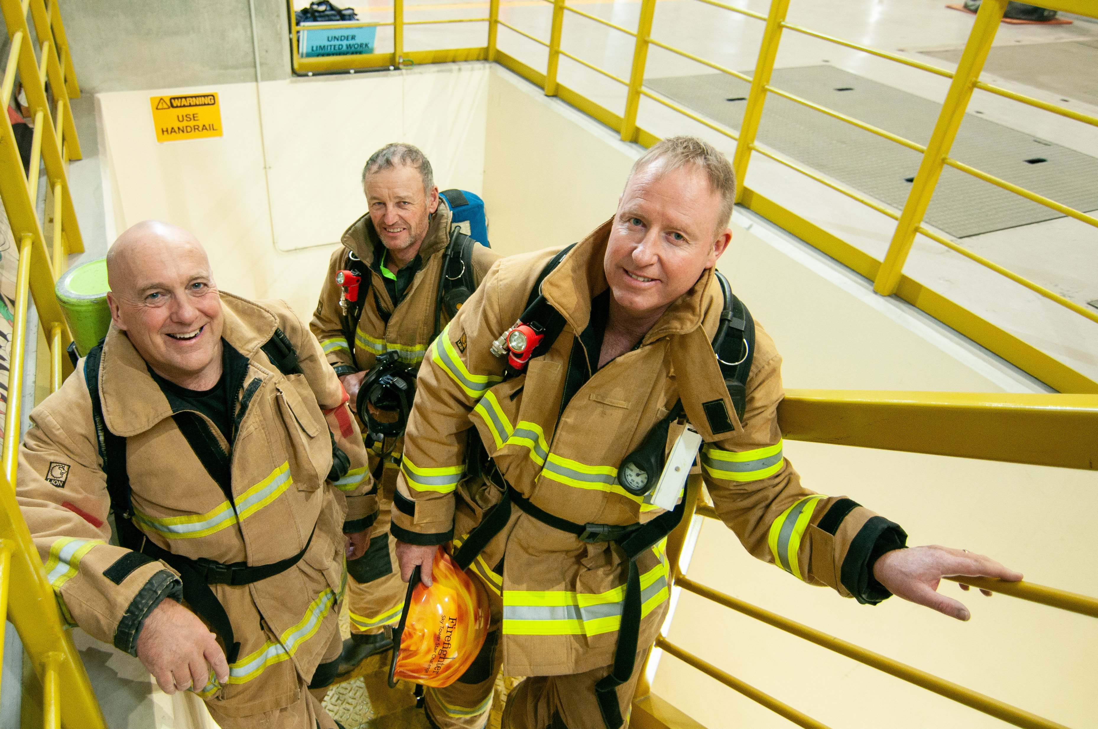 Training at the Clyde Dam for the annual Firefighter Sky Tower Challenge are (from left) Central...