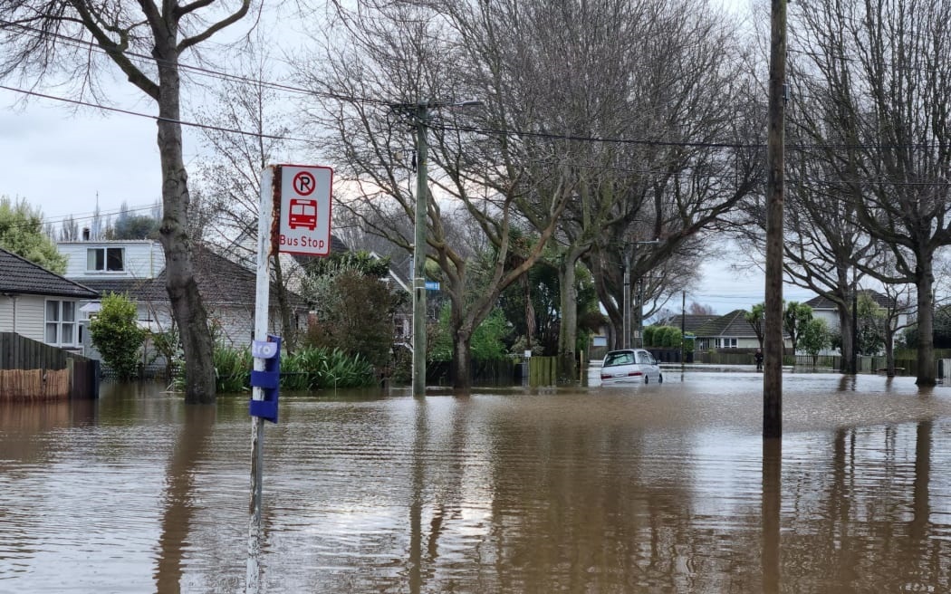 A flooded street in the Christchurch suburb of Shirley last month. Photo: RNZ