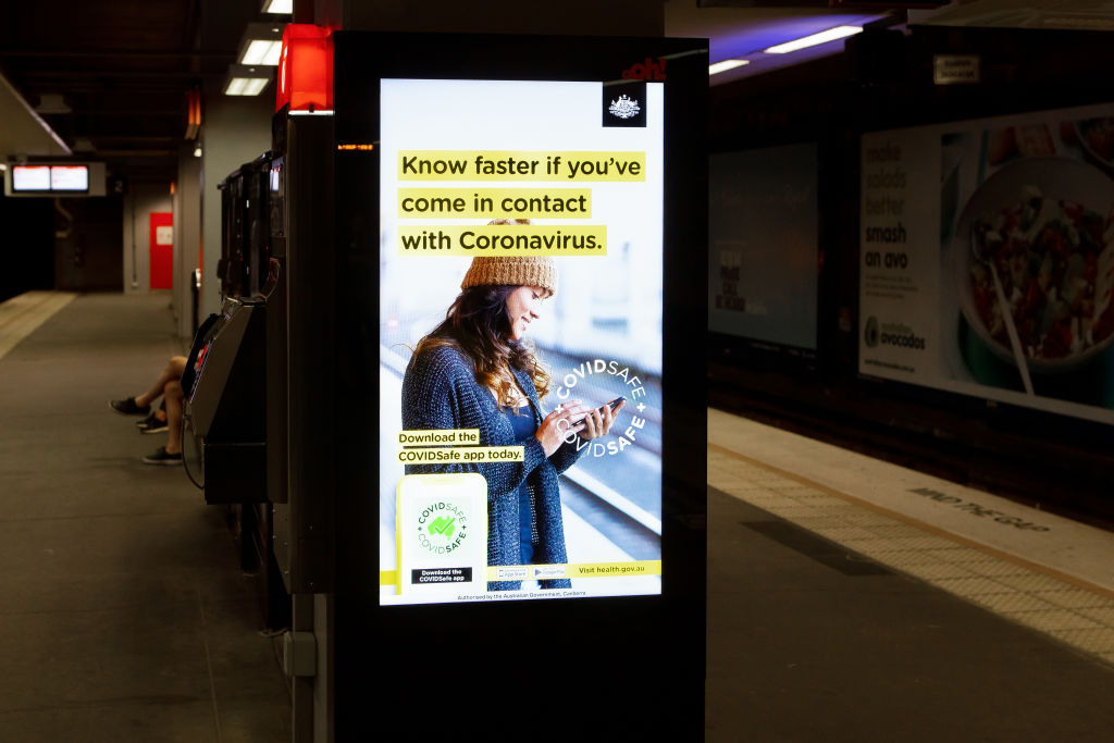 A COVIDSafe app advertisement at North Sydney Station soon after the app was launched. Photo: Getty