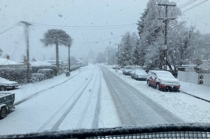 Snow has been falling in the Maniototo and Manuherikia areas this morning. Photo: CODC/Fulton Hogan 