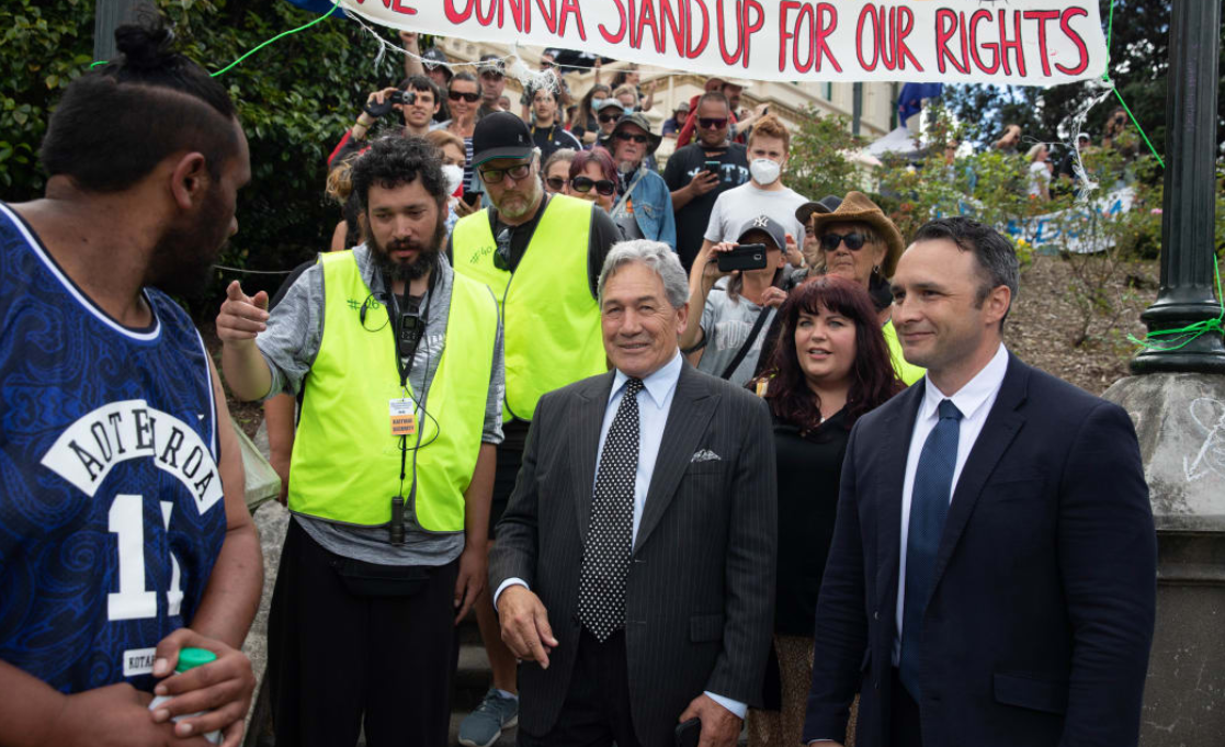 Winston Peters visited anti-mandate protesters at Parliament in February this year. Photo: RNZ 