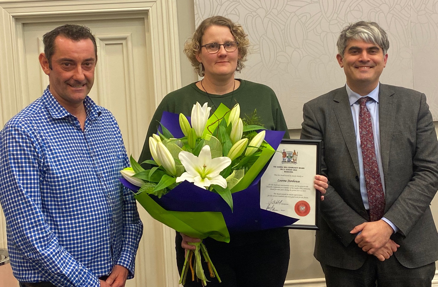 Departing Saddle Hill Community Board member Leanne Stenhouse is congratulated on nine years of...