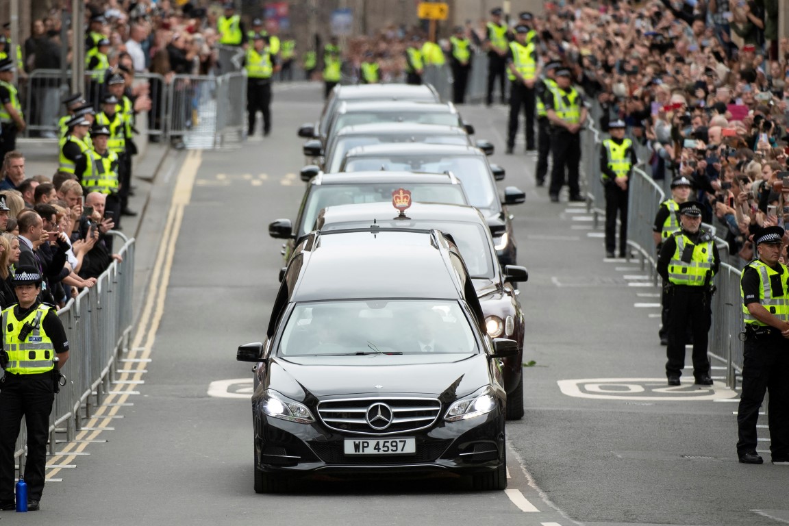 The hearse carrying the coffin of Queen Elizabeth II passes along the Royal Mile in Edinburgh....