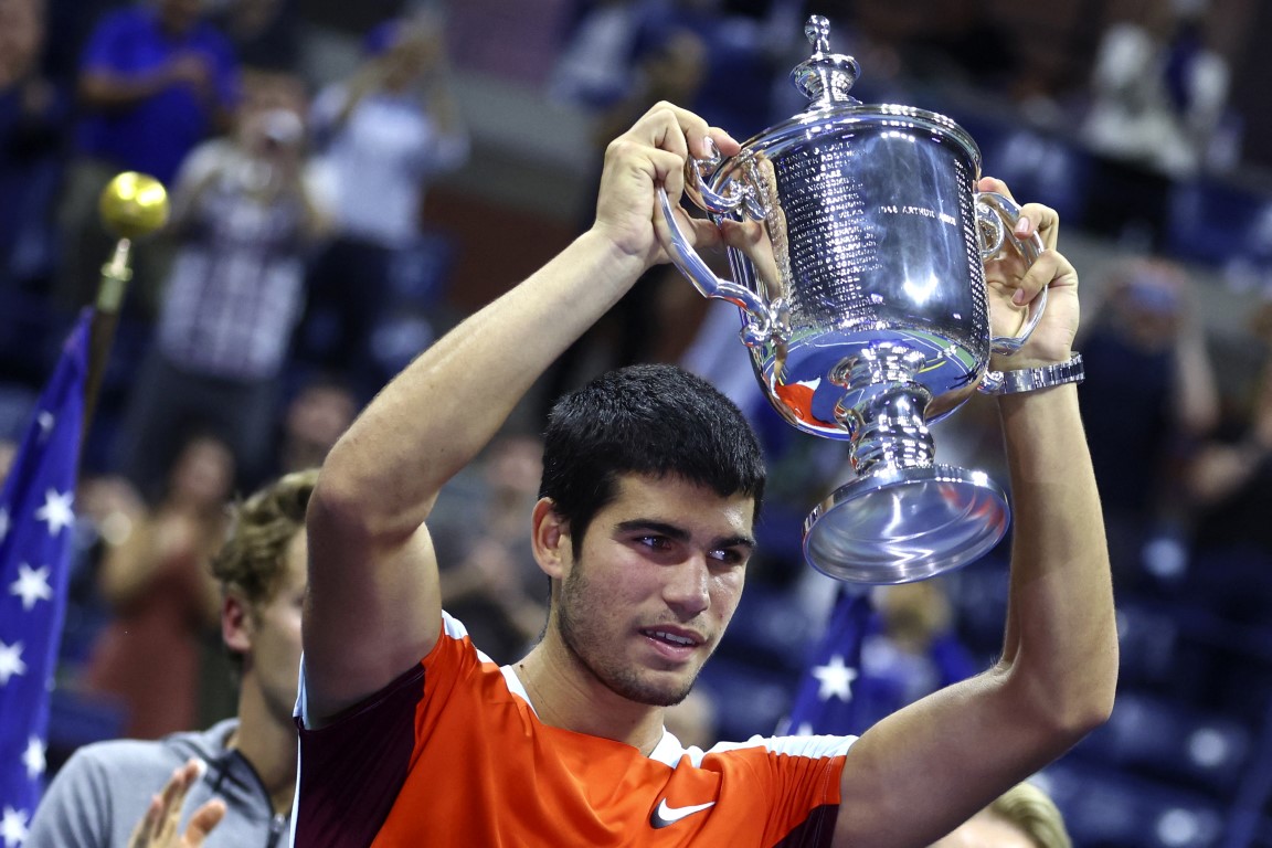 Spain's Carlos Alcaraz celebrates with the trophy after winning the US Open. Photo: Reuters
