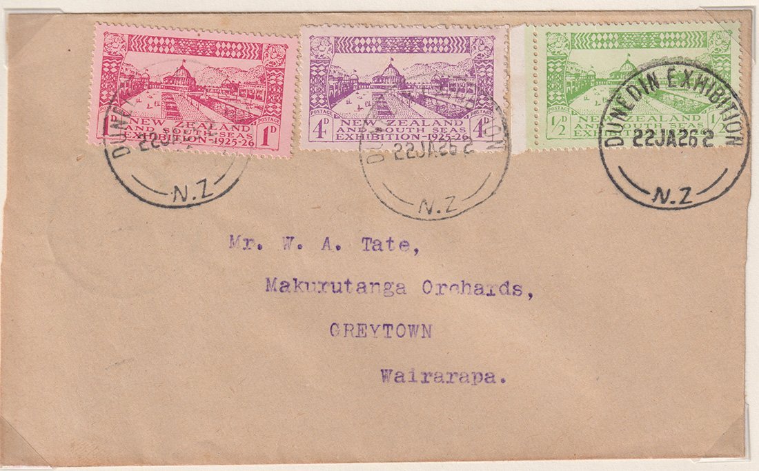 A halfpenny, a penny and a four-penny postage stamps from 1925, showcasing the Dunedin South Seas...