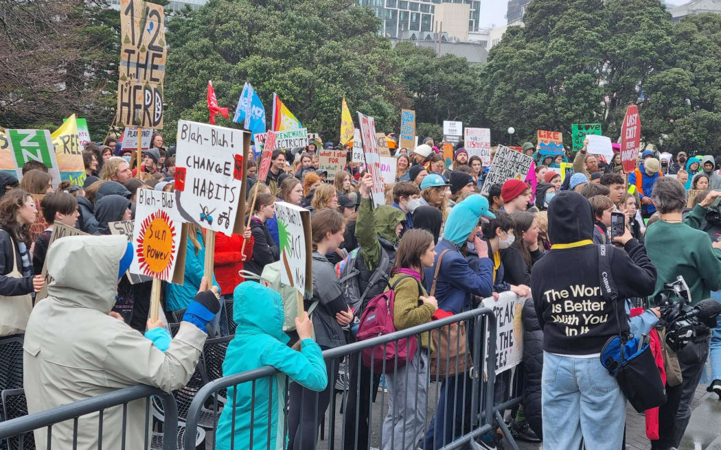 The Wellington School Strike 4 Climate outside Parliament. Photo: RNZ