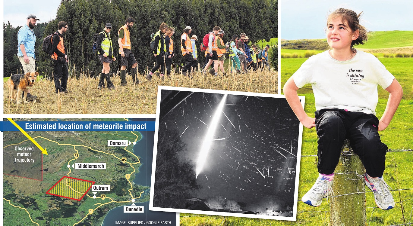 University of Otago geology students look for a meteorite which they believe landed somewhere...