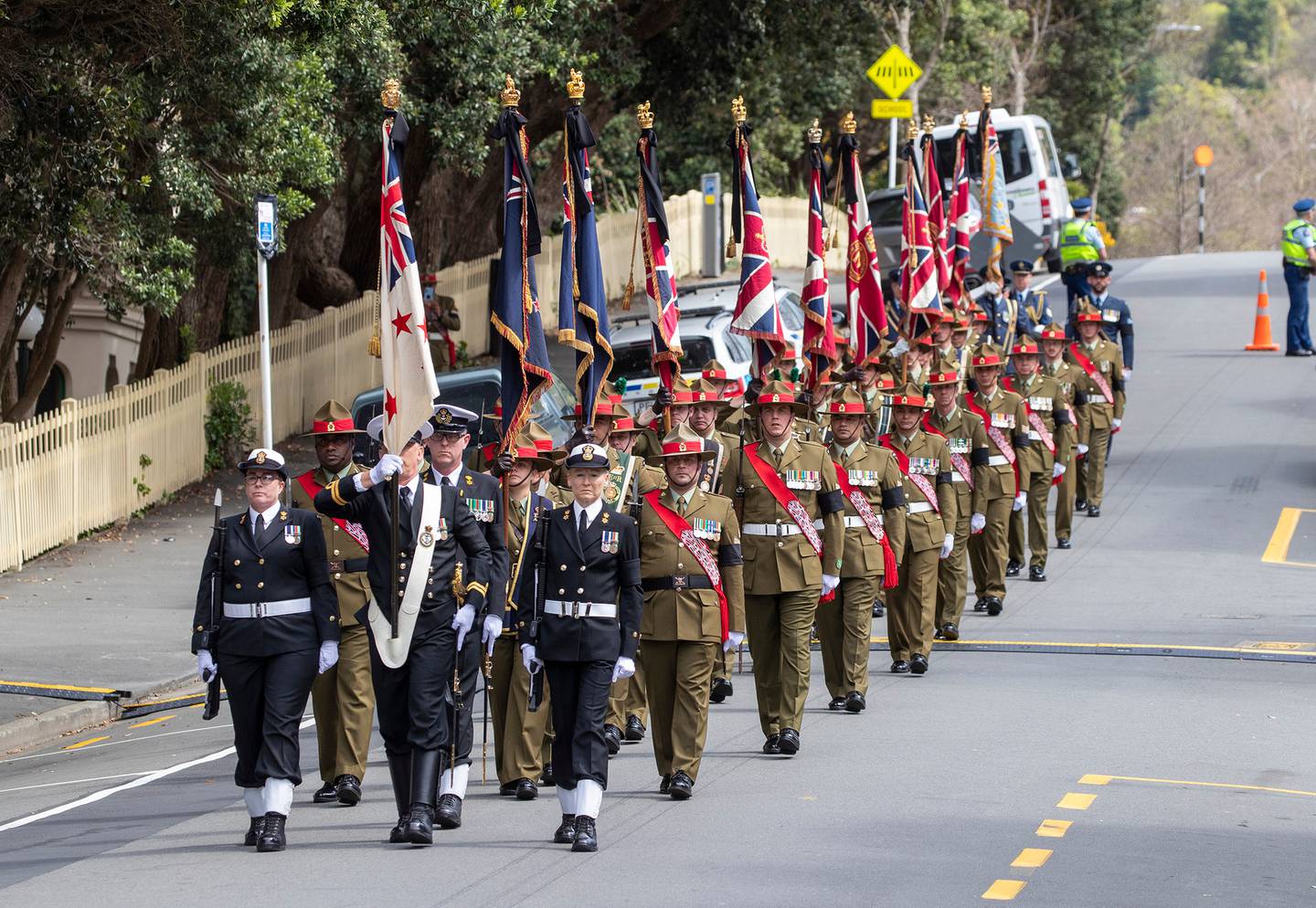 The armed services Parade of the Queen's Colours during the Queen's State Memorial Service at...