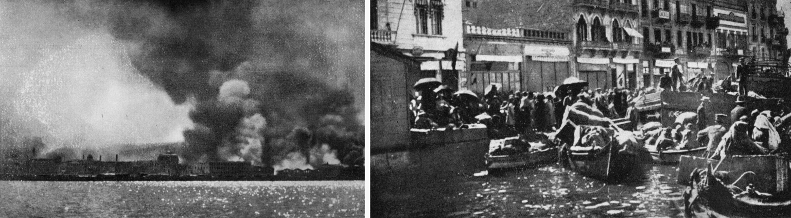 Buildings, as viewed from the British flagship HMS Iron Duke, burn in the Anatolian city of...