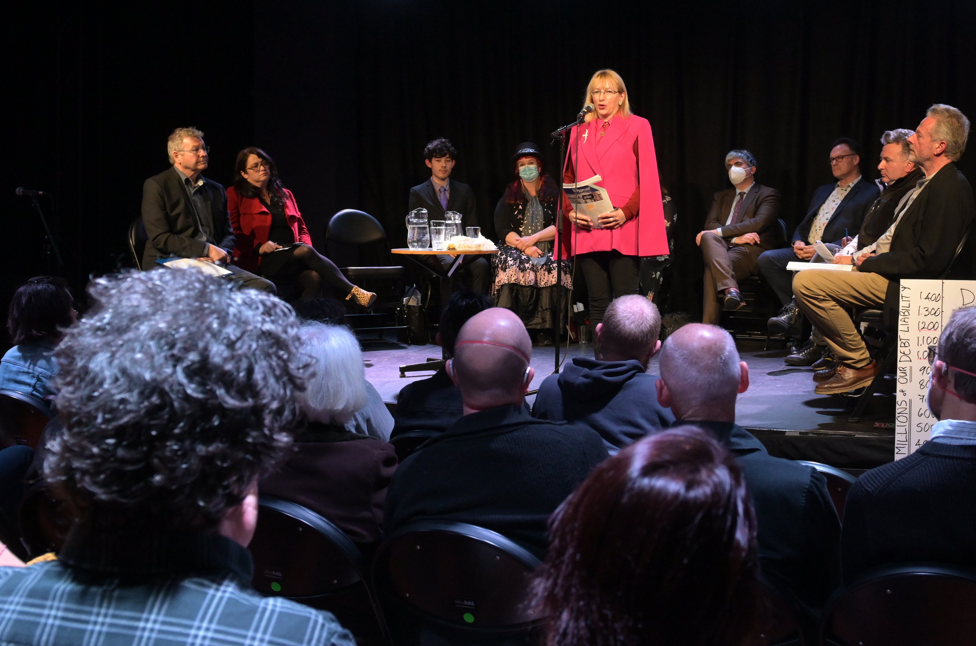 Arts talk . . . Candidate Sophie Barker addresses Tuesday’s Stage South mayoral candidate forum,...