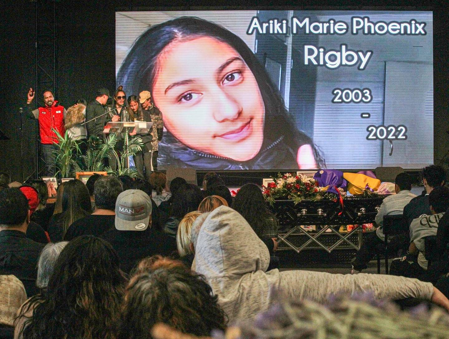 Anaherā Rigby speaks during her sister's funeral in Hastings last month. Photo: Warren Buckland