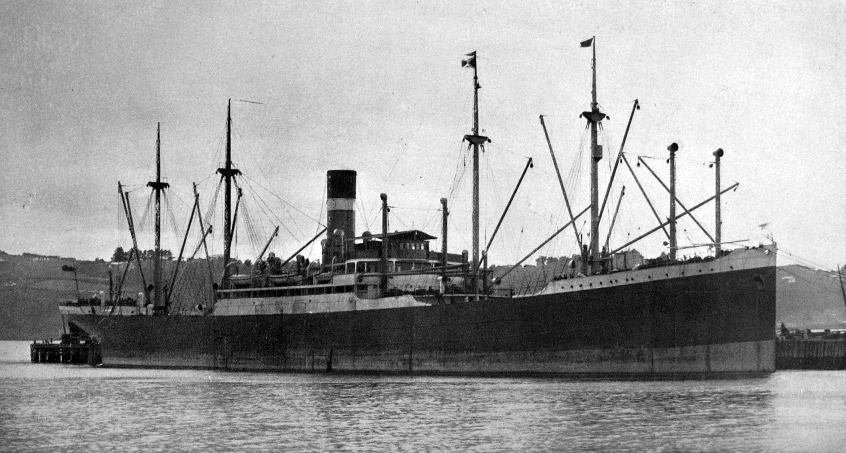 The Ellerman Line steamer City of Dunedin (formerly Porta) berths at Dunedin wharf, from New York...
