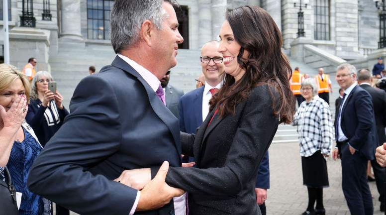 Prime Minister Jacinda Ardern with her father Ross Ardern outside Parliament. Photo: Getty Images