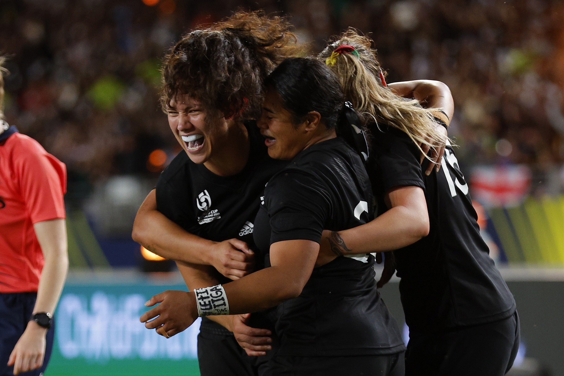 Ayesha Leti-I'iga of the Black Ferns celebrates scoring her second - and World Cup winning - try...
