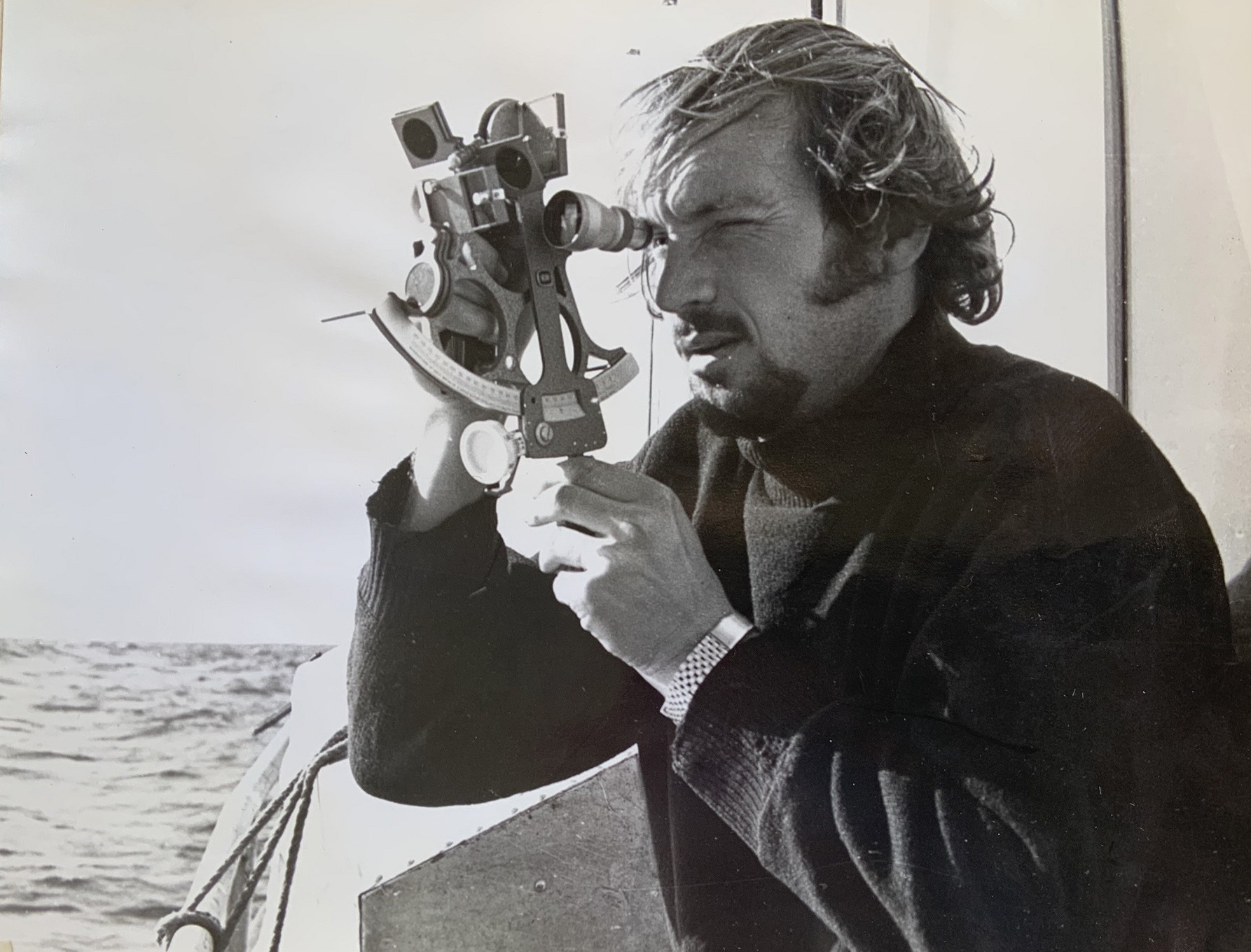 The author using a sextant on a fishing-boat voyage from Port Chalmers to the Chatham Islands in...