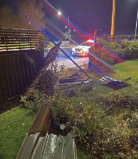 The aftermath of Monday’s crash when the vehicle hit the corner of the lounge. Photo: Supplied